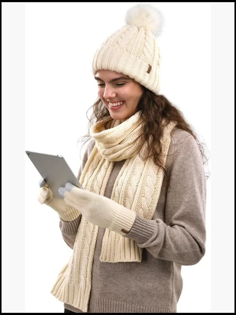 Fleece Knit Beanie Scarf Gloves Set Touchscreen Warm Winter Accessories